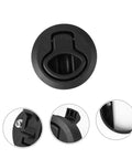 Round flush pull slam latch for boats and RVs; black front view with side mounting and installed edge detail.