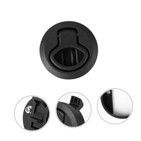 Round flush pull slam latch for boats and RVs; black front view with side mounting and installed edge detail.