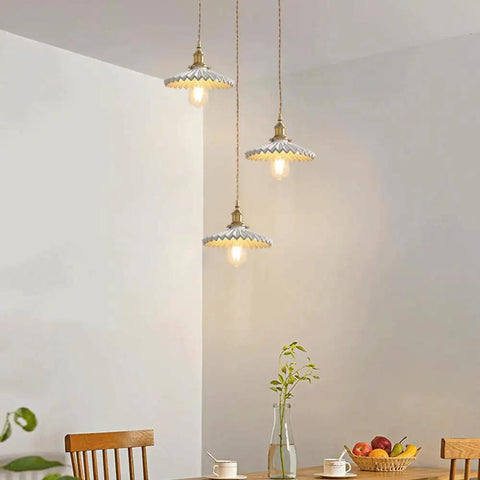 White Ceramic Pendant Light With On Off Switch Pleated Chandelier Design E26 Socket Perfect For Kitchen Island Dining Room And Hallway 7.87 Inch Diameter