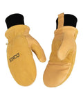 Women's Gold Suede Pigskin Work And Snowboarding Mitts Featuring Reinforced Palm And Thumb Patch Durable Leather Stays Soft When Wet For Sick Grip And Top Drawer Performance, shown from the front.