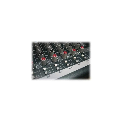 Close-up of controls on ZED-10 Compact Touring Quality USB Audio Mixer With Two Mic Line Preamps, black and red knobs visible.