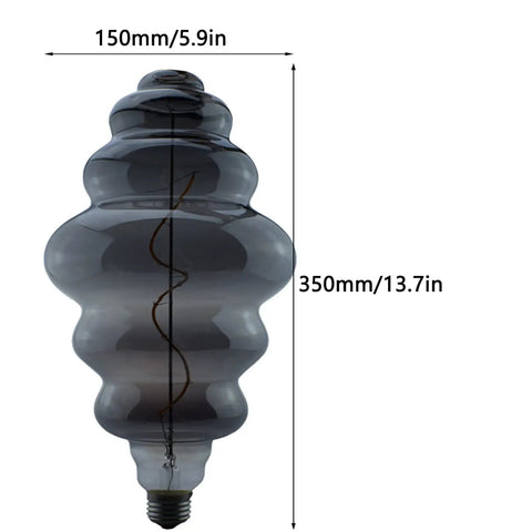 Beehive Style 4W Dimmable LED Edison Bulb With Oversized Spiral Filament, Smoky Grey Glass, Warm White 2300K, product dimensions.