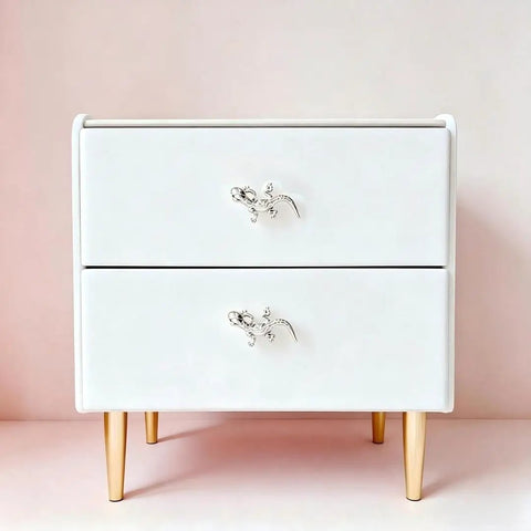 White dresser with Gecko Knob Set Of 4 Dope Animal Drawer Knobs, silver finish, zinc alloy for home improvement and decor