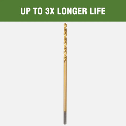 High Rated 7/64 X 6 Inch Extra Long Drill Bit showing titanium coating and steel tip, ideal for wood and metal cutting.