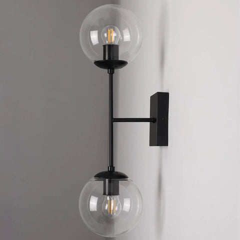 Black Double Wall Sconce Vanity Light with Two White Glass Globes Mid Century Modern Globe Lighting for Bathrooms and Bedrooms Waterproof Matte Black Fixture Designed for Wet Areas Easy Install
