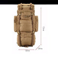 Front view of khaki large capacity outdoor backpack for camping and travel, 72x32x20cm, water repellent Oxford material, rugged design.