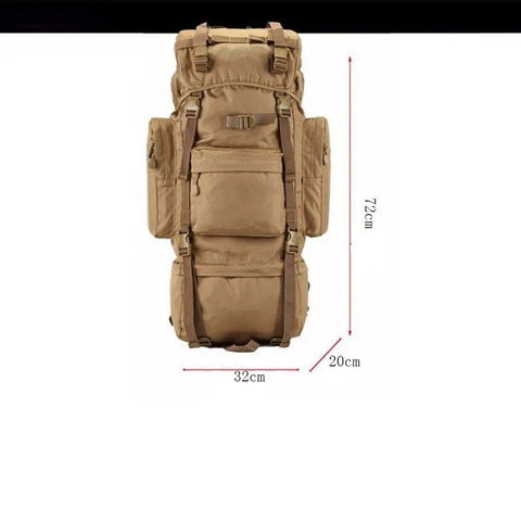 Front view of khaki large capacity outdoor backpack for camping and travel, 72x32x20cm, water repellent Oxford material, rugged design.