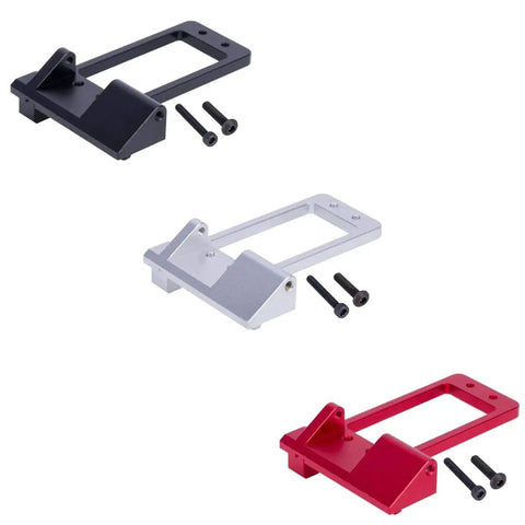 Black, silver, and red aluminum front axle servo mount for AR45P portal, low center of gravity, one tenth RC crawler upgrade for SCX10 III.
