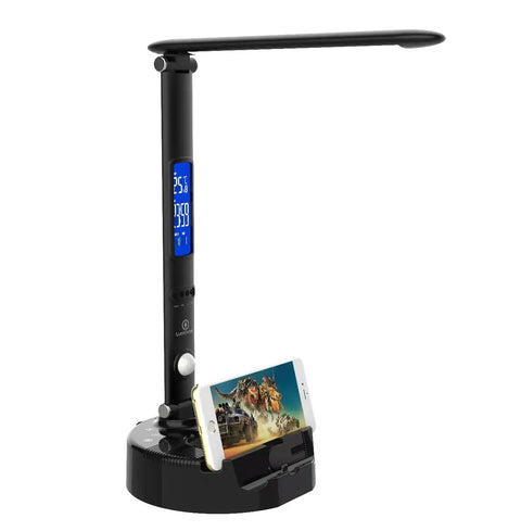 Black Smart LED Desk Lamp With Wireless Charger And USB Port, Built-In Bluetooth Speaker, Adjustable Arm And Brightness