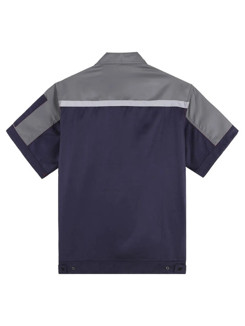 Men Long Sleeve Work Jacket With Reflective Stripes And Pockets Heavy Duty Auto Mechanic Uniform Shirt For Workshop And Job Sites Gray And Navy Contrast back view showing navy and gray design