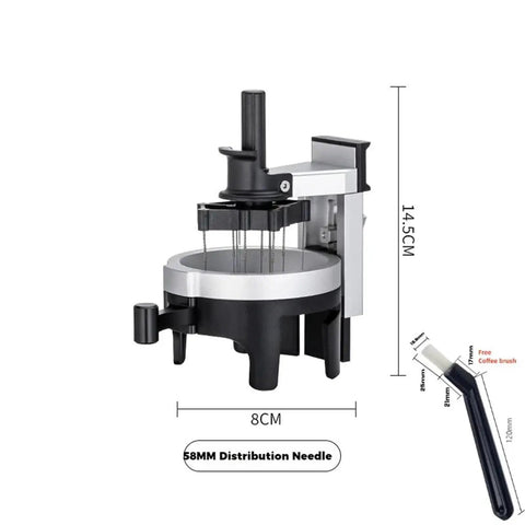 Professional 58Mm Espresso WDT Distribution Tool with 12 tuning needles and adjustable depth, 58mm size, black and silver design.