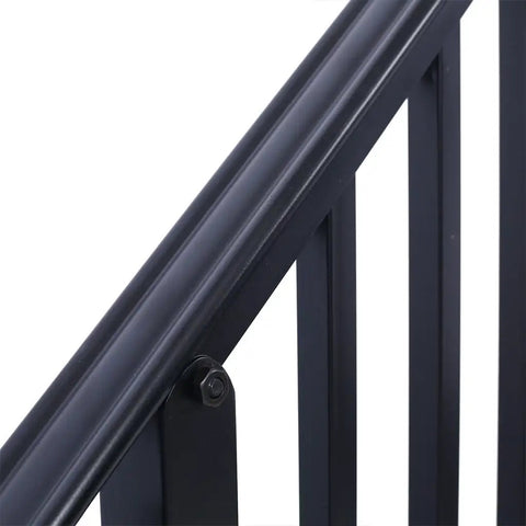 Close-up of Heavy Duty Wrought Iron Handrail For Outdoor Steps Three Step Staircase with matte black finish.
