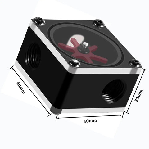 Three Way Flow Meter Indicator For PC Water Cooling With G1/4 Threads, Acetal Square Body, shown with dimensions of 40mm x 40mm x 25mm