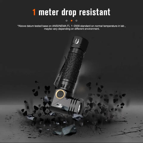 Beast Mode 1800 Lumens Tactical Flashlight With Type C Rechargeable, Magnetic Base, shown at 90 degree angle, 1 meter drop resistant