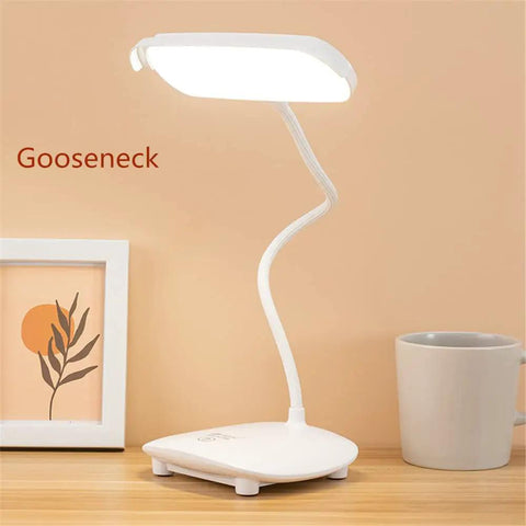 White Cordless Desk Lamp with 40 LED Panel, Rechargeable Big Battery, Touch Dimmer on wooden surface
