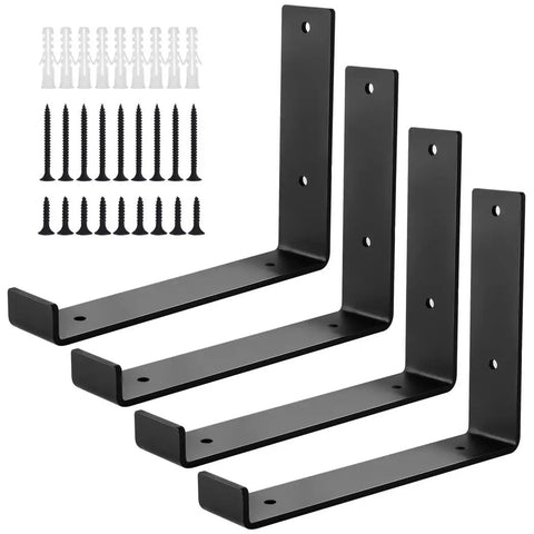 Heavy Duty Industrial L Brackets Set Four Black Corner Supports With Upward Hooks For Wall Mounted Shelving, with screws