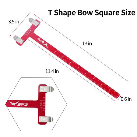 All In One Archery Bow Square Kit For Recurve And Compound Bows Aluminum Bowstring Ruler With Dual Units in red with dimensions