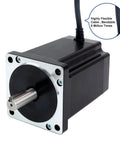 Front view of NEMA 34 stepper motor with black housing, silver shaft, and top cable.