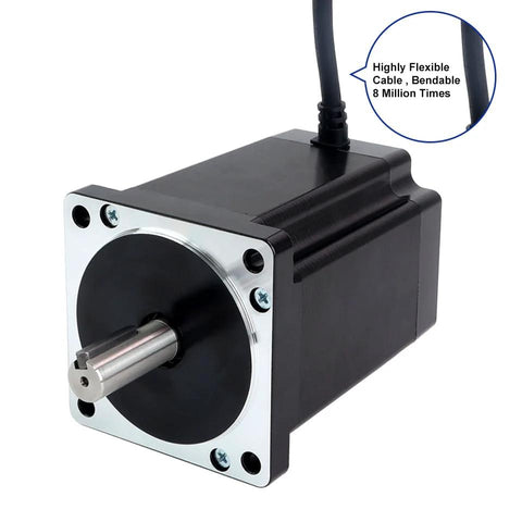Front view of NEMA 34 stepper motor with black housing, silver shaft, and top cable.