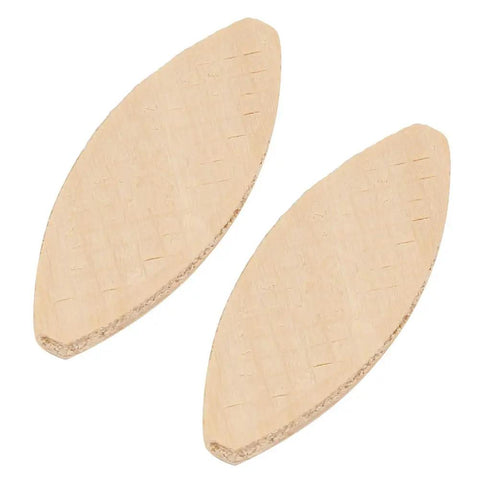 Two beech wood biscuits from a 100 Piece Solid Wood Joining Biscuits Set For Woodworking Projects, Pro Grade, Works With Hard Or Soft Wood