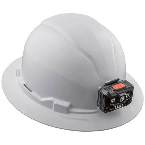 Rugged Worksite Ready Hard Hat With Rechargeable Headlamp Full Brim Non Vented Safety Helmet in white with headlamp attachment