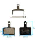 Four Pairs Resin Disc Brake Pads For Bikes With Universal Fit, dimensions 16x28mm and 35x30mm, TRP Tektro Shimano compatibility.