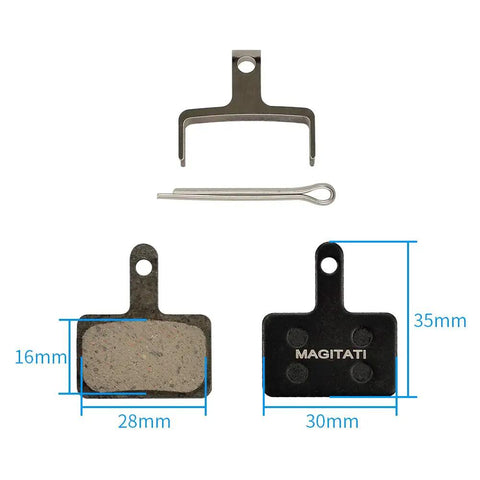 Four Pairs Resin Disc Brake Pads For Bikes With Universal Fit, dimensions 16x28mm and 35x30mm, TRP Tektro Shimano compatibility.