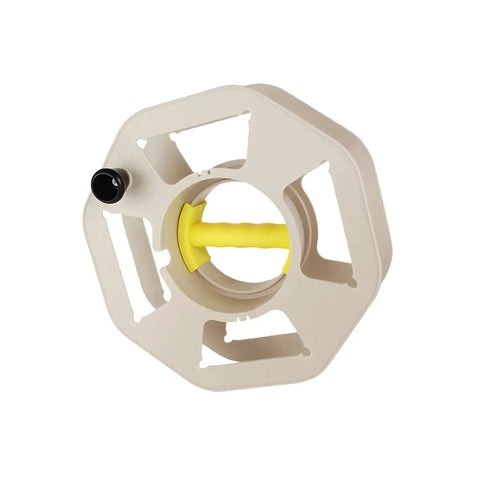 Sweet Compact Cord Reel With Quick Wind Handle And Heavy Duty Abs Build Making It An Easy Peasy Go To Cable Manager For Shops Or Households view from the side showing grip handle and openings.