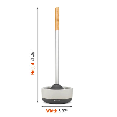 Game Changing Toilet Plunger With Ceramic Holder And Instant Dry Coating for Mold and Mildew Prevention shown with dimensions