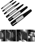 6 Piece Damaged Screw Extractor Set For Stripped Bolts With Chrome Vanadium Hardened Steel Easy Out Remover Kit visible in use.