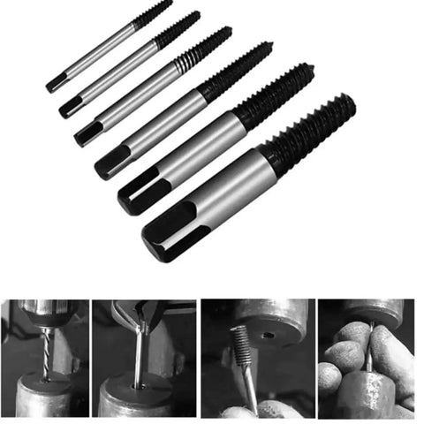 6 Piece Damaged Screw Extractor Set For Stripped Bolts With Chrome Vanadium Hardened Steel Easy Out Remover Kit visible in use.