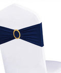 Navy Blue Spandex Chair Sashes With Gold Buckles, 50 Pack, Premium 90 Percent Polyester 10 Percent Spandex Fabric on white chair
