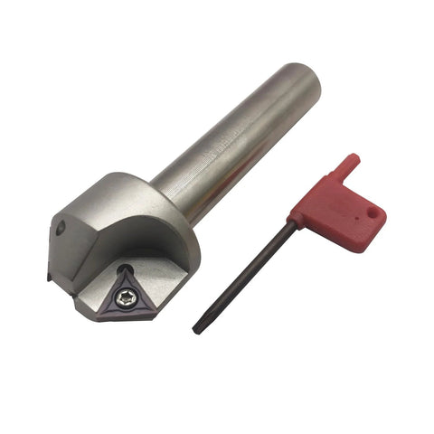 Chamfering and boring tool with 3/4in shank and replaceable carbide insert; includes red hex-key wrench.