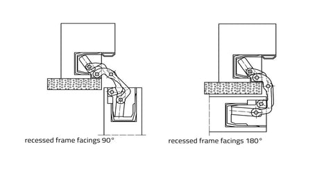 Illustration of 3D Heavy Duty Concealed Hinge Silver Finish showing 90° and 180° recessed frame facings for cabinets