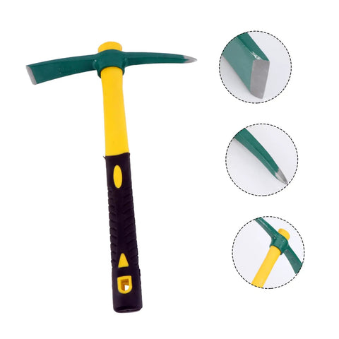 Yellow Plastic-Clad Pickaxe with Lightweight Fiberglass Handle for gardening, showing durable head and comfortable grip.