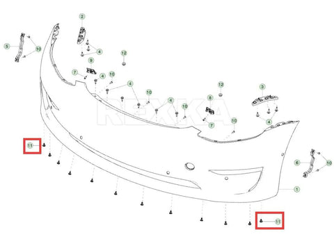 Diagram showing installation of Tesla 20 Piece 8mm Bumper Cover Undertray Push Type Retainer Clips for Models 3, Y, X, S.