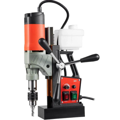 Heavy Duty Magnetic Drill Press Featuring A Heavy Hitter 1200 Watt Motor And One Point Five Seven Inch Boring Range close-up with control panel.