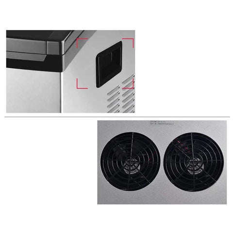 Bad Ass High Capacity Ice Maker Pumping 55 Kilos Of Round Cubes Daily For House Parties And Local Bars With Sick Heat Dissipation and side view of cooling vents.