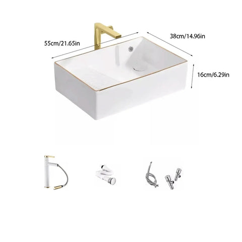 USZWBY Vessel Sinks Light Luxury Above Counter Basin Side Drain Ceramic Wash Phnom Penh Small Apartment Bathroom Bowl Sink with gold faucet.