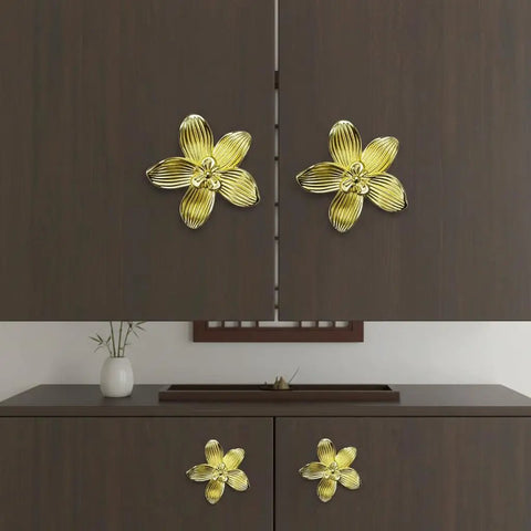 2 Pack Gold Flower Drawer Knobs For Cabinets And Furniture Dope Brushed Gold Finish Vintage Vanity Knobs on dark wood cabinet.