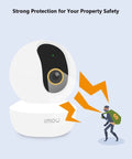 4MP QHD Indoor Pan Tilt Security Cam With Plug In WiFi Night Vision Baby Monitor 2 Way Audio Motion Tracking And Sound Alerts 2560x1440 2 4GHz Home Surveillance For Any Room Perfect For Nurseries And Busy Homes No Drama illustrating security feature deterring thief.