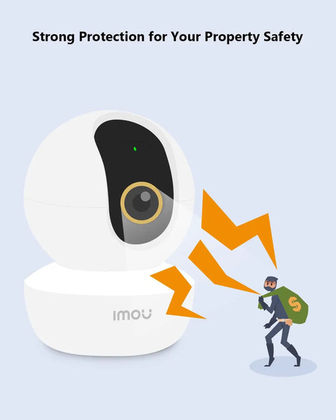 4MP QHD Indoor Pan Tilt Security Cam With Plug In WiFi Night Vision Baby Monitor 2 Way Audio Motion Tracking And Sound Alerts 2560x1440 2 4GHz Home Surveillance For Any Room Perfect For Nurseries And Busy Homes No Drama illustrating security feature deterring thief.