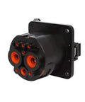 Badass Road Ready Heavy Duty Ev Charger Adapter equipped with sealed black DC connector, featuring orange ports for fast charging.