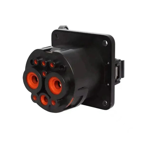 Badass Road Ready Heavy Duty Ev Charger Adapter equipped with sealed black DC connector, featuring orange ports for fast charging.