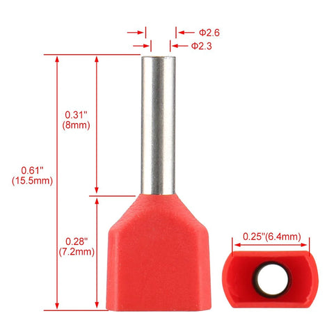 Red Insulated Ferrule Pins For AWG 16 1.5mm2 Copper Wire Twin Crimp Connector Ends TE1508 Cord End Terminal Heat Resistant To 110C