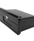 Front view of lockable black plastic marine storage glove box with cup holder design for boat console