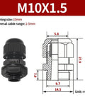 Diagram and image of 10Pcs M10x1.5 Cable Gland With Gasket 2-5mm Threading, Nylon PA Material Wire Seals, dimensions in mm shown