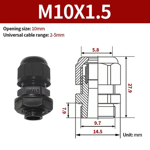 Diagram and image of 10Pcs M10x1.5 Cable Gland With Gasket 2-5mm Threading, Nylon PA Material Wire Seals, dimensions in mm shown