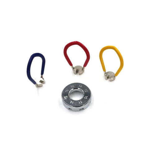 4 Pack Spoke Wrench Bicycle Tool Kit 6 In 1 Wheel Spokes Rim Adjuster For Trueing Bikes with 8-cut and 3 color-coded wrenches.