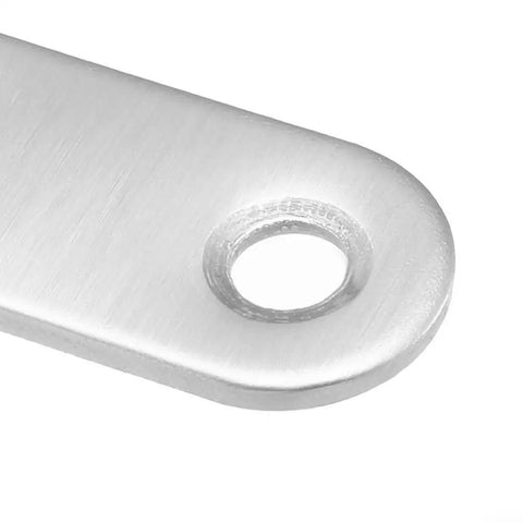 Close-up of a pre-drilled hole in Stainless Steel Corner Brackets Set 10 Pcs Flat Mending Plates For Wood Furniture Stability Heavy Duty Beefy Brackets With Pre Drilled Holes Easy Install No Wobble Anti Rust 37mm 47mm 56mm Sizes.